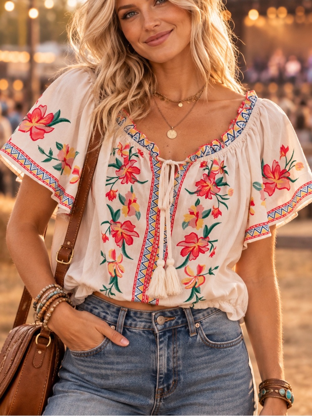 Flying Tomato M Cropped Folk Floral Ruffle Blouse Top Boho Tassels Tie Neck